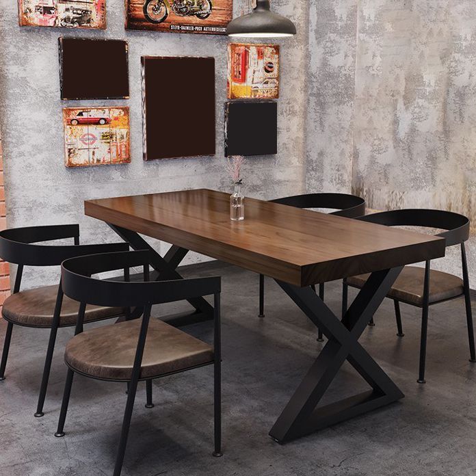 Industrial Style Dining Table Solid Wood Rectangle Table with Metal Ba