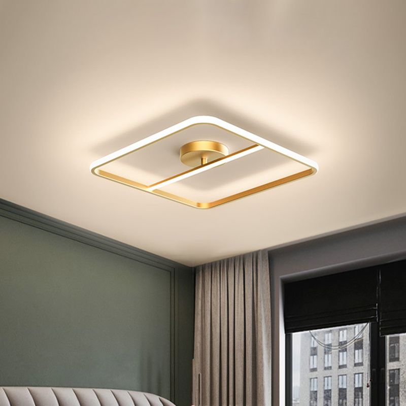 Square-Shape Semi Flush Mount Lamp Simple Metallic Gold LED Ceiling Mounted Light in Warm/White Light