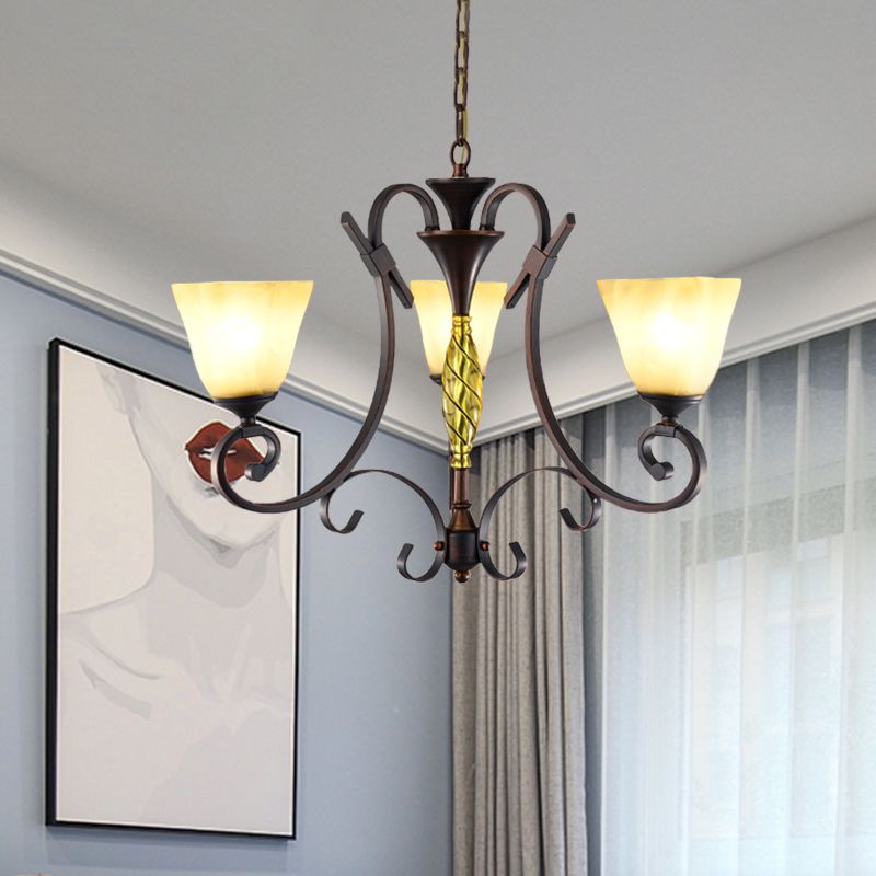 Opal Glass Bell Suspension Lighting Vintage 3-Light woonkamer Kroonluchter met gebladerde arm in brons