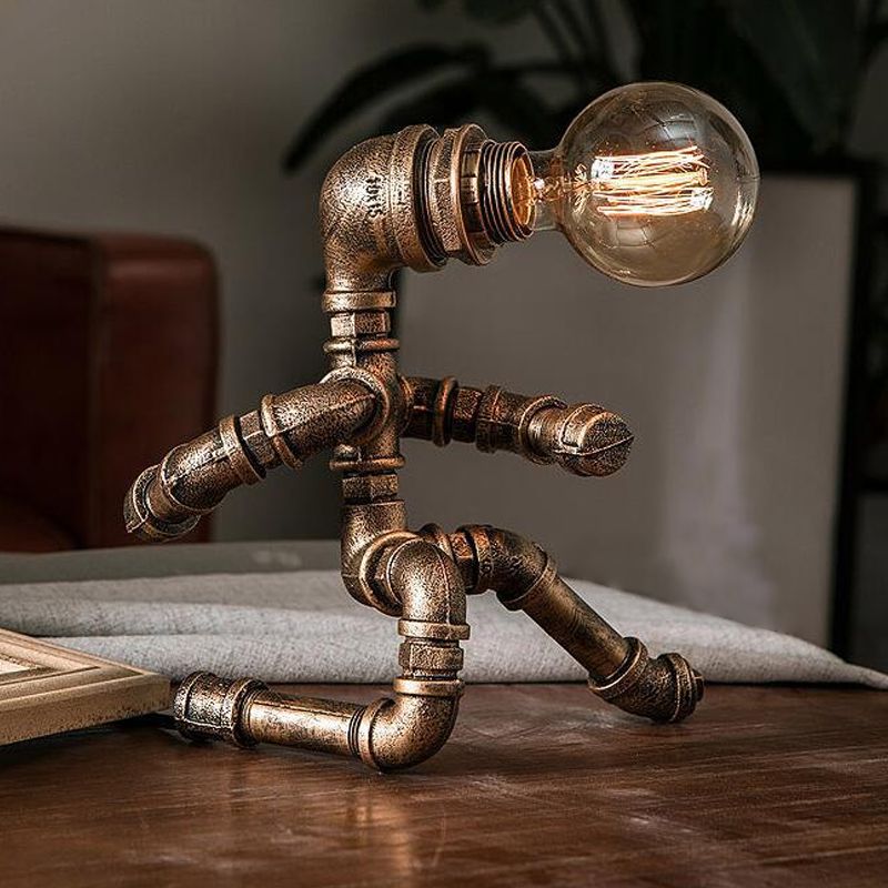 Industrial Pipe Man Night Lamp 1 Head Wrought Iron Table Light in Brass for Boys Room