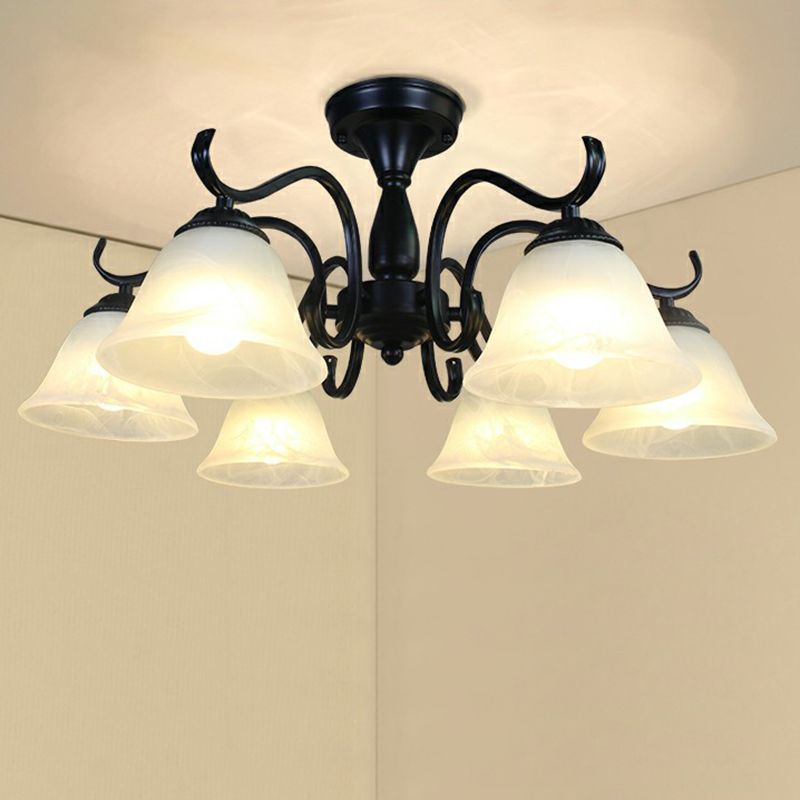 Zwarte belvormige semi -spoeling mount vintage opaalglas woonkamer dicht bij plafond kroonluchter