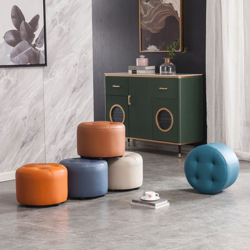 Simplicity Pure Color Ottoman Tufted Faux Leather Water Resistant Round Pouf Ottoman