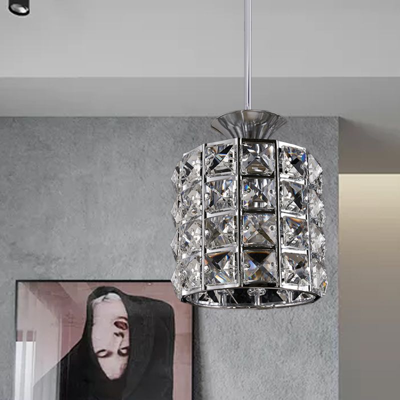 Crystal Drum Pendant Light Metal Frame Ceiling Light for Balcony