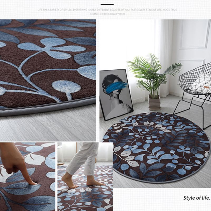 Round Color Mixed Tropical Indoor Rug Polyester Leaves Print Rug Non-Slip Backing Indoor Rug for Living Room