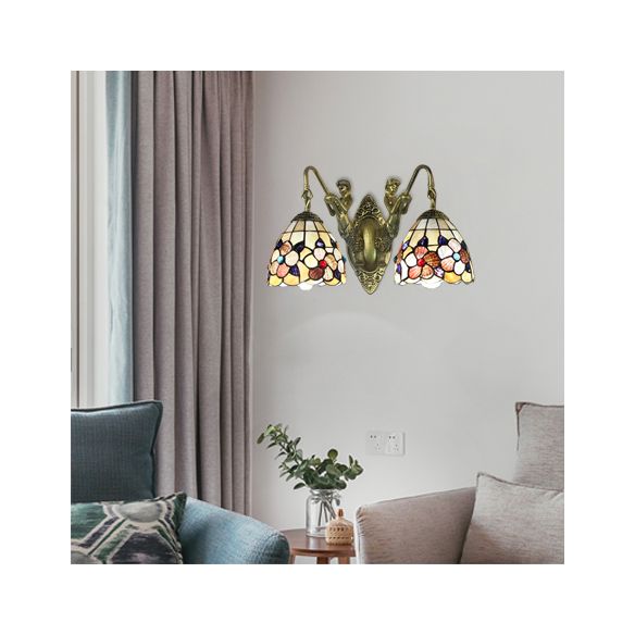 Beige Petal Wall Mount Light Victorian 2 Heads Multicolor Shell Sconce Light with Mermaid Backplate