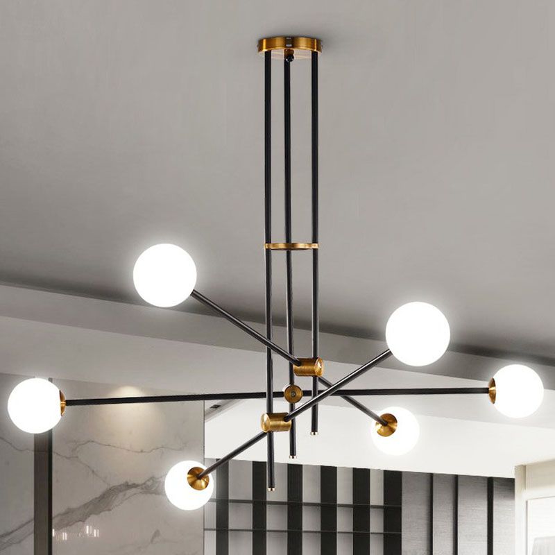 Simplicity Linear Chandelier Metal Living Room Pendant Lighting with Ball White Glass Shade in Black