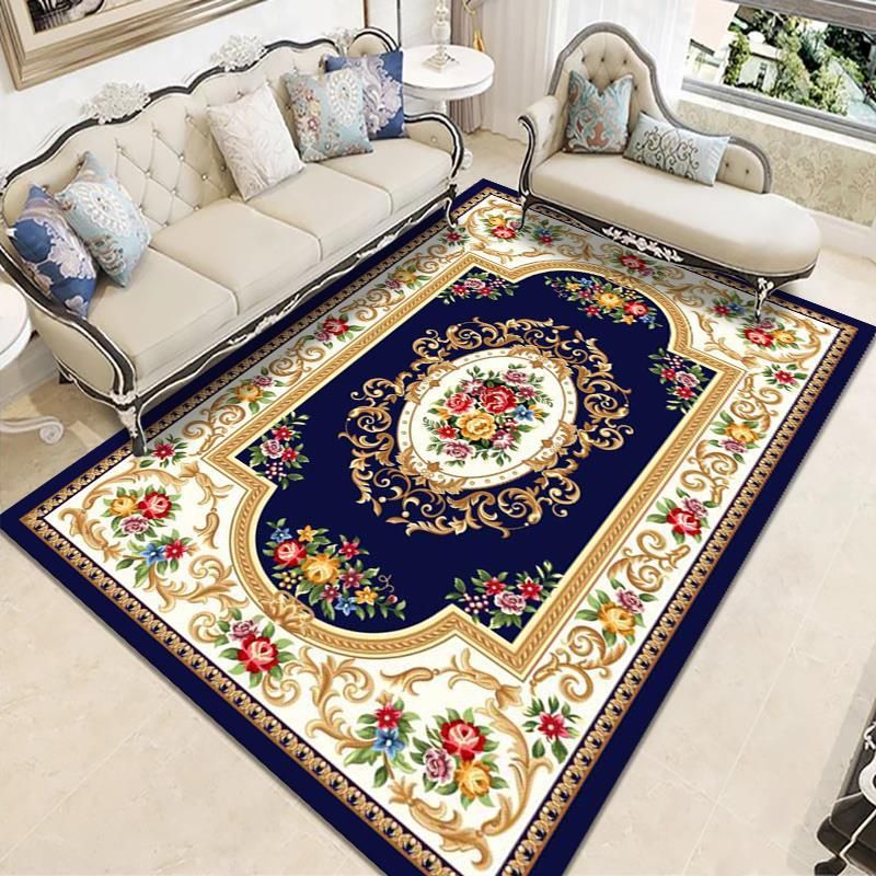 Wine Red Vintage Carpet Polyester Flower Carpet Washable Carpet for Living Room