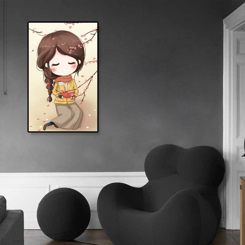 Cartoon Young Girl Art Print Soft Color Figure Drawing Canvas for Bedroom, Multiple Sizes