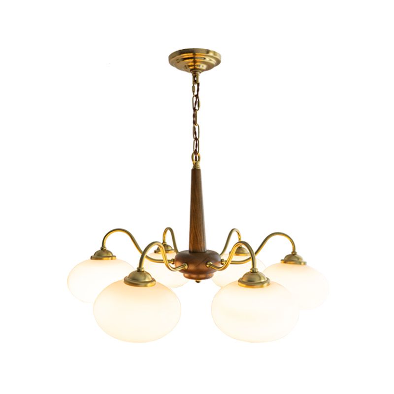 Wooden Chandelier Gold Globe Hanging Light with White Glass for Living Room