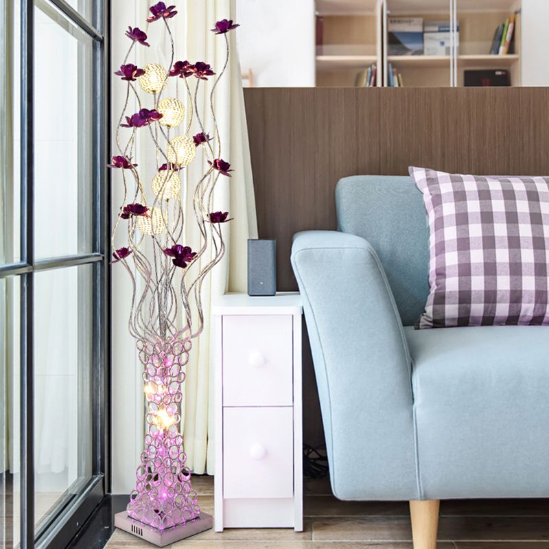 Metal Purple Floral Standing Tree Branch Lámpara de lectura decorativa LED LEITA CON BASE DE TRAPEZOID HOLPADO
