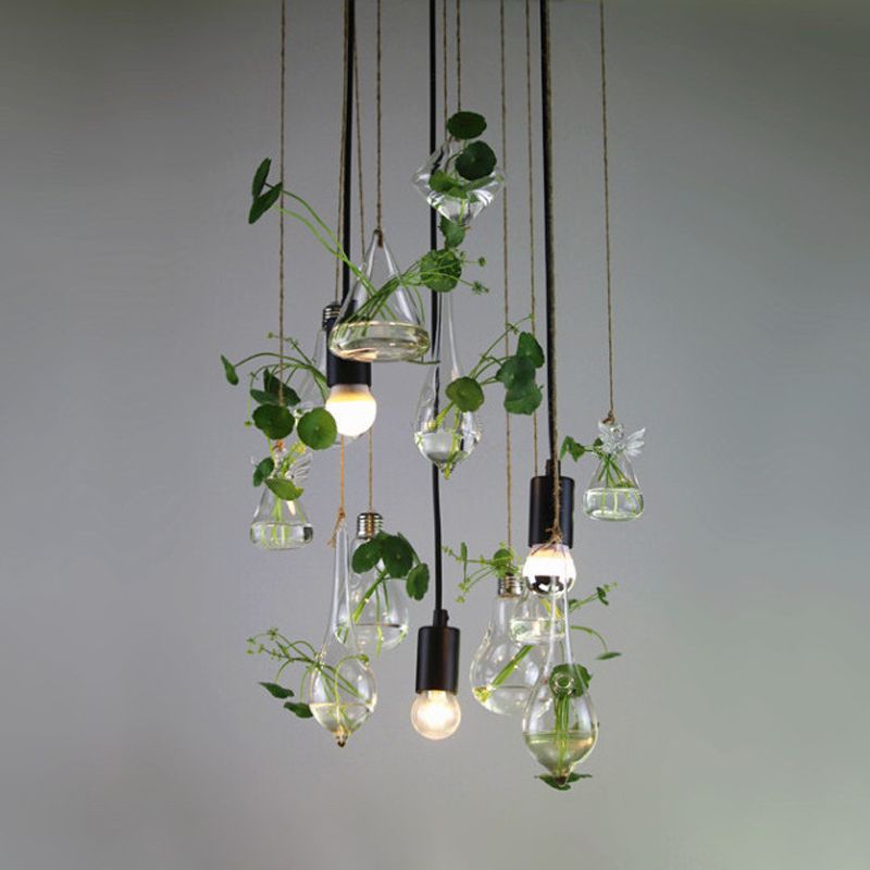 Green 3-Light Planter Cluster Pendant Industrial Clear Glass Teardrop Ceiling Hang Fixture with Open Bulb