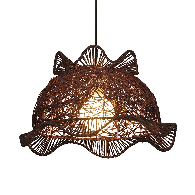 Coffee Ruffle-Edge Bowl Pendant Modernist Single Bamboo Ceiling Suspension Lamp for Dining Room