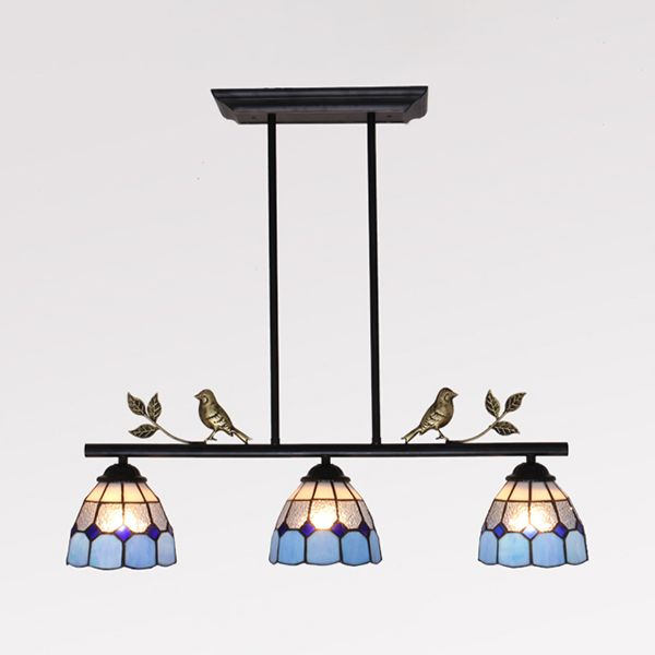 3 Bulbs Indoor Island Pendant Light Tiffany Style Antique Brass/Black/Blue Hanging Light with Dome Stainless Glass Shade