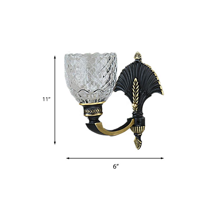 1/2-Light Wall Light Fixture Vintage Dome Clear Glass Wall Sconce with Curved Arm in Brass for Study