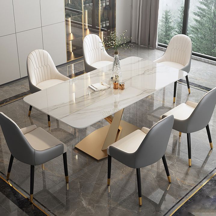 Modern Style Sintered Stone Dining Table with White Table and Gold Trestle Base for Home Use