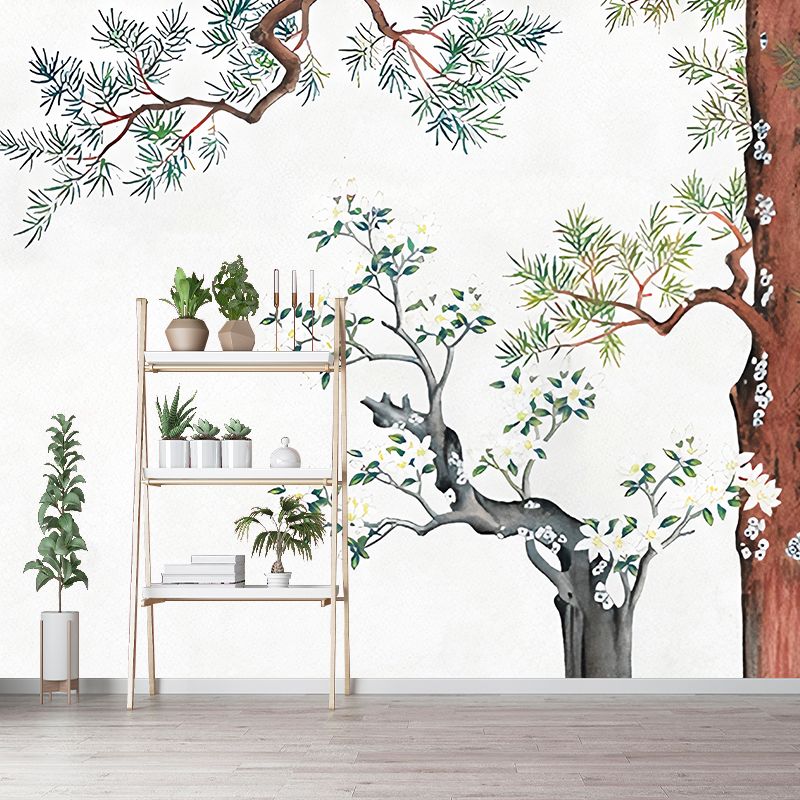 Yellow Oriental Wallpaper Murals Large Pine Branch and Flower Print Wall Art for Family Room