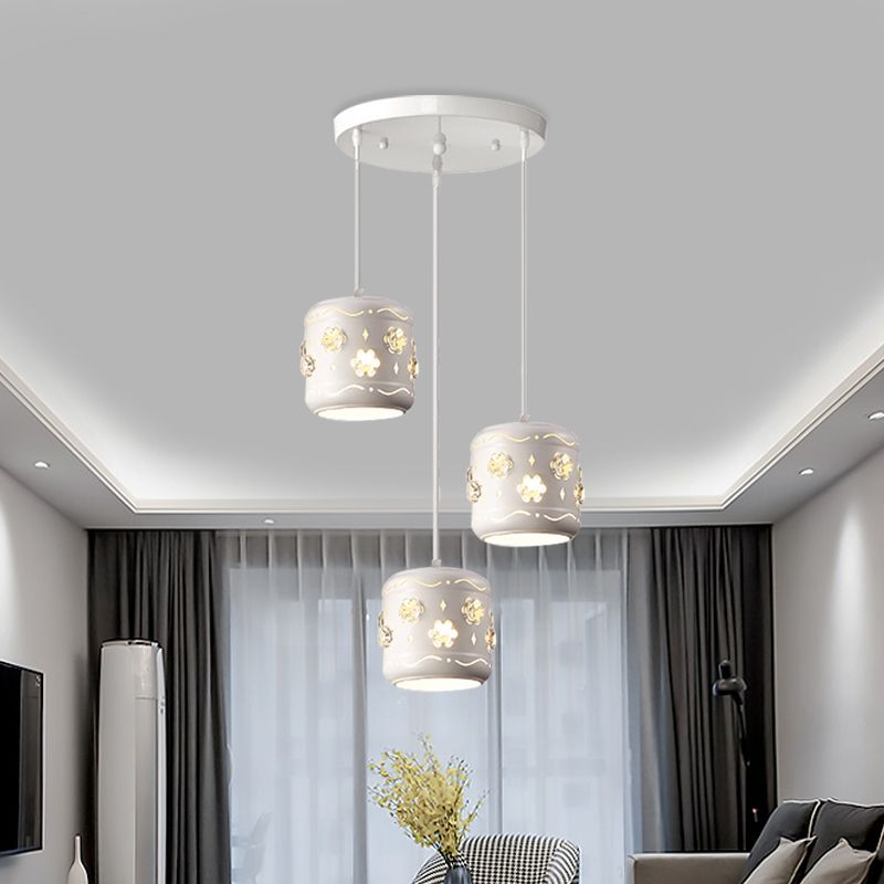 Iron Drum Multi Pendant Lamp Fixture Modernism 3-Light White Ceiling Light with Flower Crystal Encrusted Design