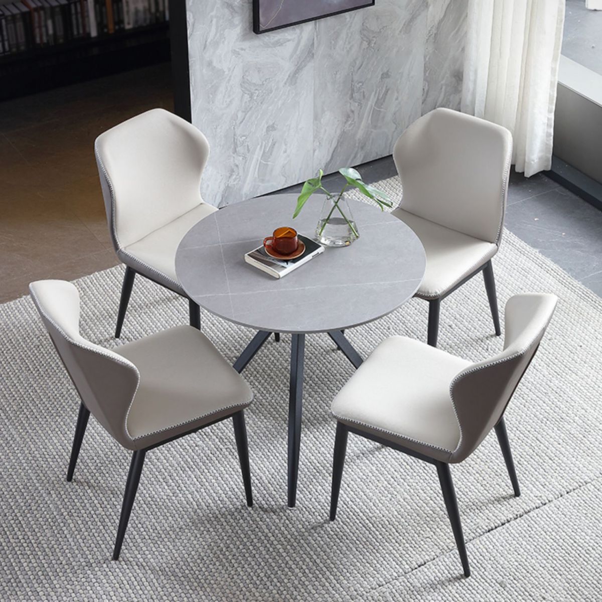 Modern Style Round Dining Table Sintered Stone Table with Metal Base for Home Use