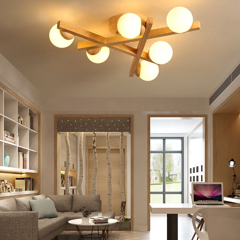 Luminaire semi-encastré en bois moderne, lampe semi-encastrée à plusieurs têtes pour chambre à coucher avec abat-jour en verre globe