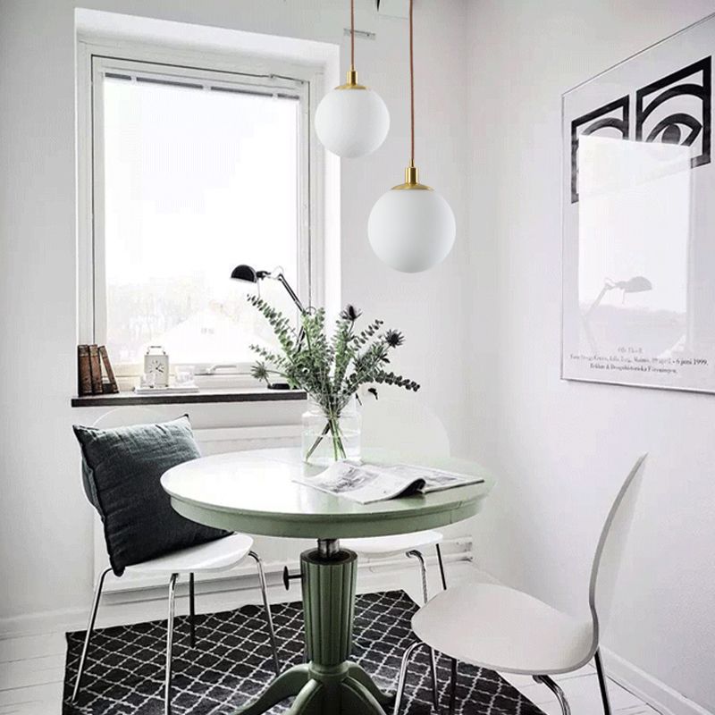 6"/8"/10" Wide Milky Glass Ball Pendant Light Post Modern Led Hanging Ceiling Lamp in Brass