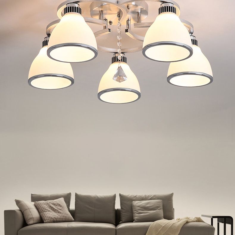 Chrome Shaded Ceiling Flush Light Minimalist Opal Glass Semi Flush Mount Fixture with Diamond Crystal