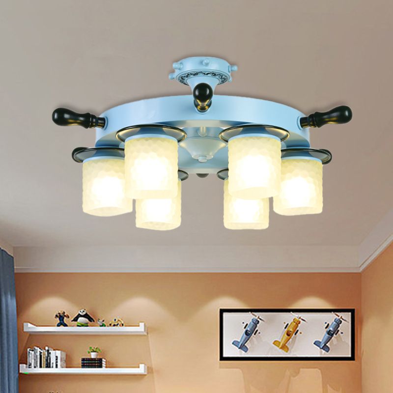 6 cabezas para niños Room semi iluminación de montaje dibujante azul timón lámpara de techo de timbre con cilindro ópalo de vidrio