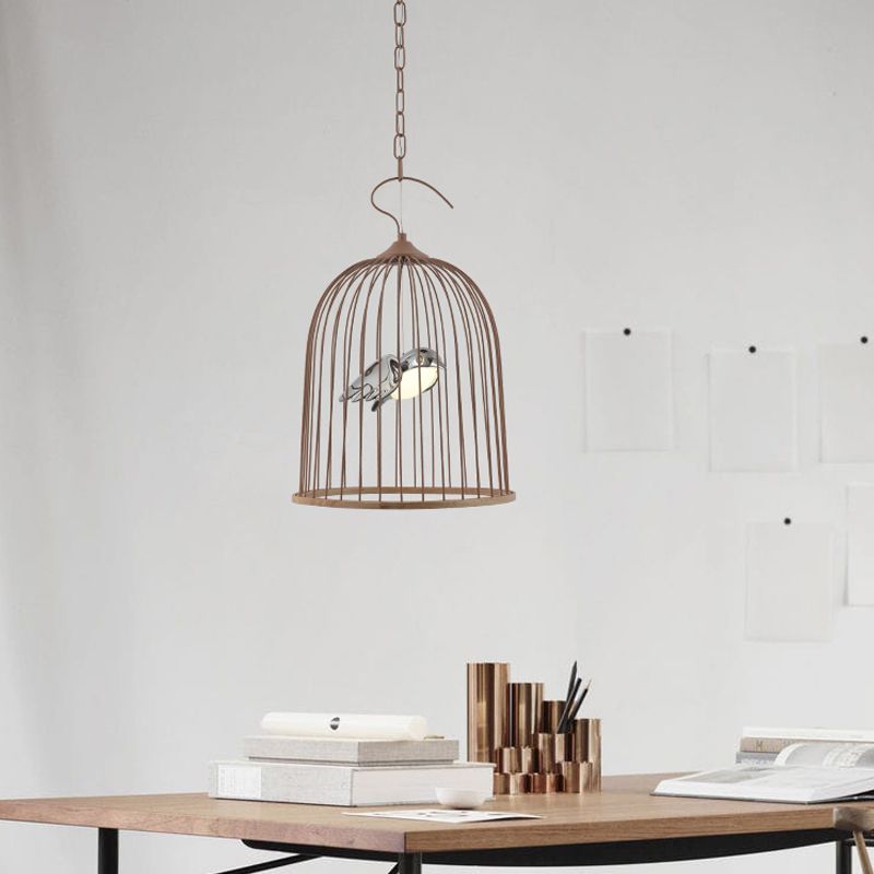1 Bulb Cage Pendant Lamp Contemporary Metal Suspended Lighting Fixture in Black/Pink with Bird