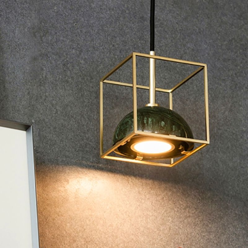Marble Small Dome Hanging Light Kit Mid Century 1 Head Black/Green Ceiling Pendant with Gold Cubic Wire Cage Guard