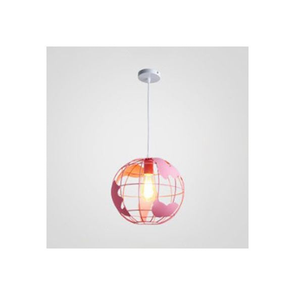 8"/12" Wide Globe Cage Metal Pendant Light Industrial 1 Light Living Room Hanging Lamp in Black/White/Pink