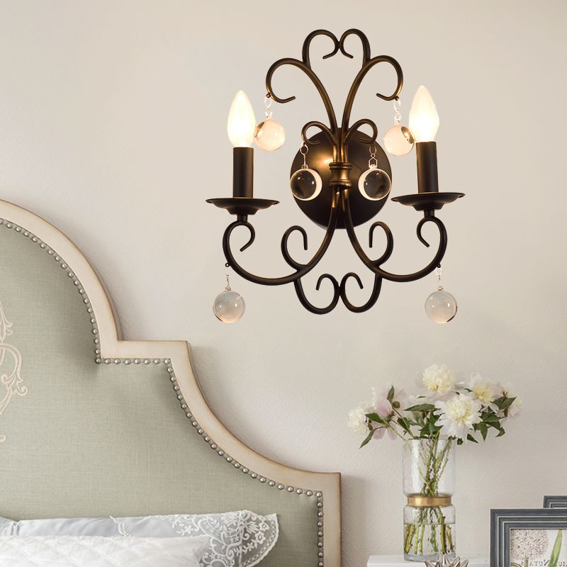 Metal Black Sconce Light Fixture Candle 2-Light Rustic Wall Mounted Lighting for Dining Room with Clear Crystal Ball