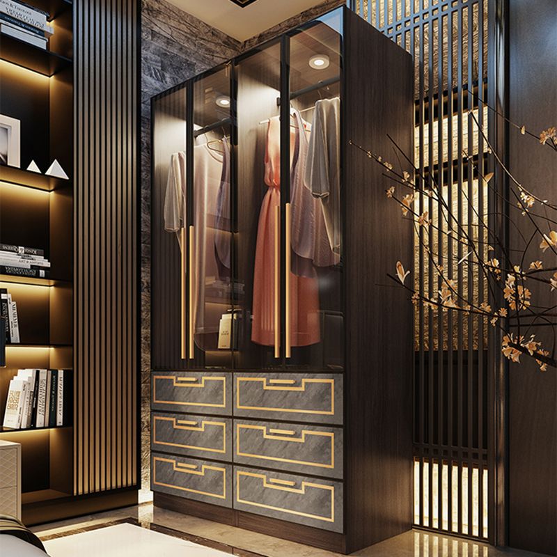 Grey Glass Door Armoire with Garment Rod Modern Storage Cabinet for Bedroom