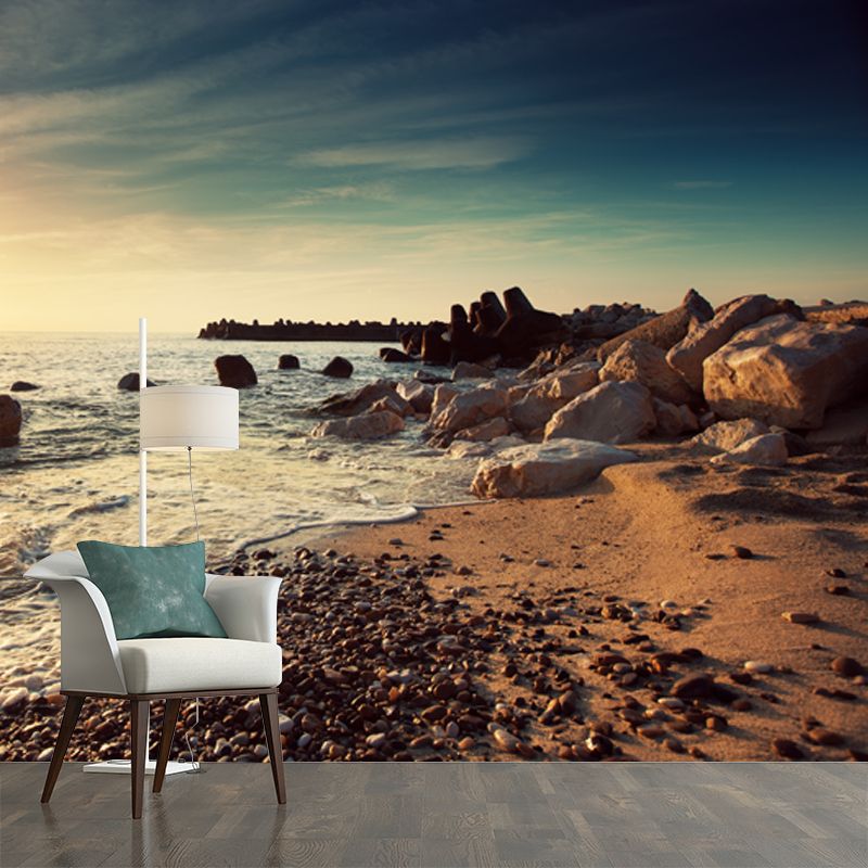 Photography Dusk Seascapes Wall Mural for Accent Wall, Blue-Brown, Custom Printed