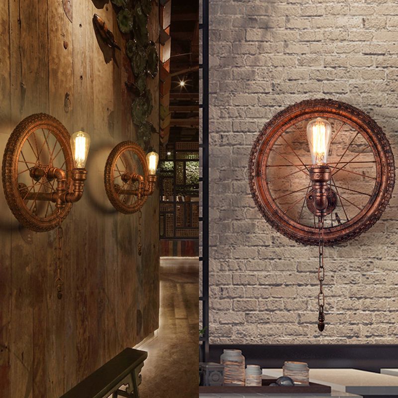 1 Light Wall Lighting Rustic Industrial Wheel Design Metal Sconce Lamp in Dark Rust for Restaurant