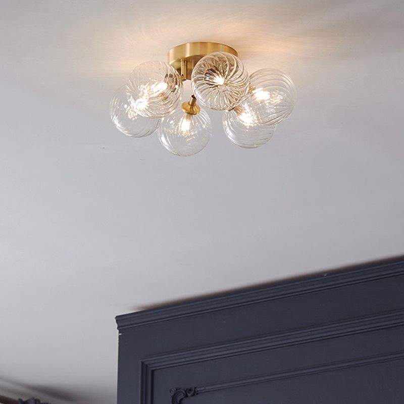 Post-Modern Ball Semi Mount Lighting Clear Twist Glass Dining Room Flush Ceiling Light in Brass