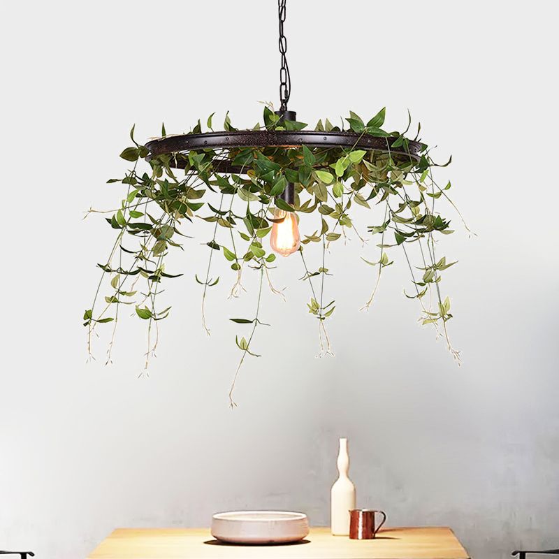 Black Wheel Hanging Lamp Kit Farmhouse Metal 12.5"/15" W 1-Head Restaurant Suspension Pendant Light with Plant Deco