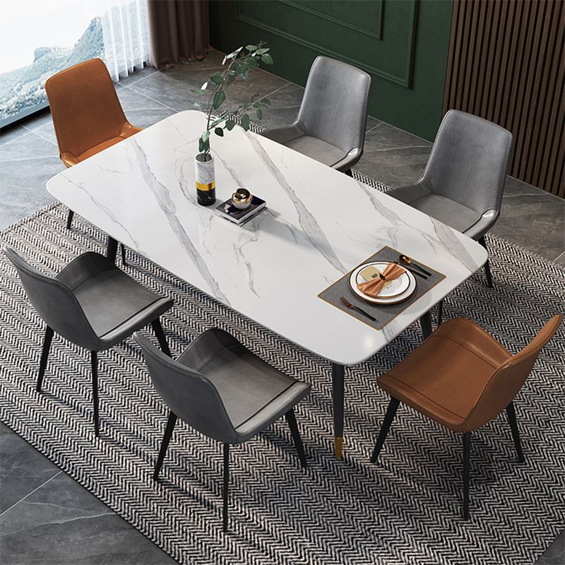 Contemporary Rectangular White Stone Dining Table with 4 Steel Foot