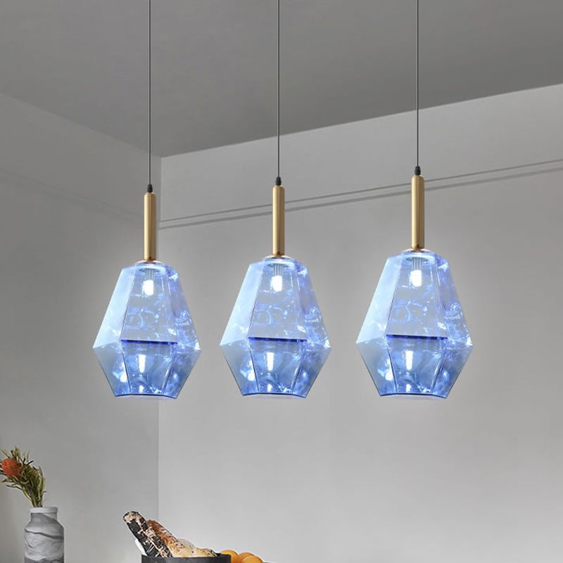 Diamond Blue Glass Hanging Light Kit Contemporary 1 Light Brass LED Pendant Light Fixture