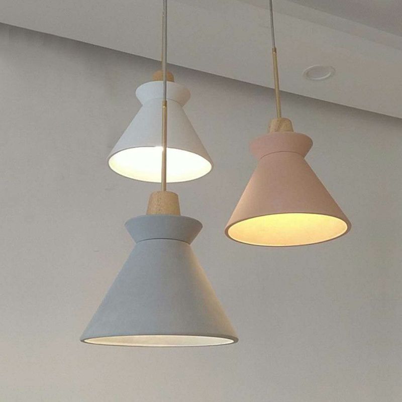 1 Head Dining Room Hanging Light Minimalist Wood Pendant with Conical Cement Shade