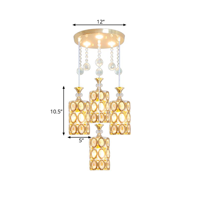 Crystal Encrusted Cylinder Multi-Light Pendant Modernist 4-Light Ceiling Suspension Lamp in Gold