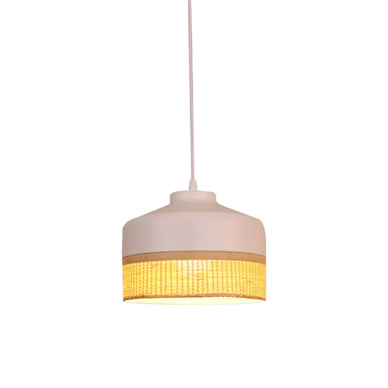 Modernism 1-Light Drop Pendant Light White and Beige Altar Hanging Lamp with Bamboo Rattan Shade