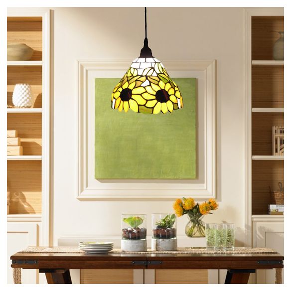 Trumpet Hanging Lamp Tiffany-Style Yellow Stained Art Glass 1 Head Ceiling Pendant Light