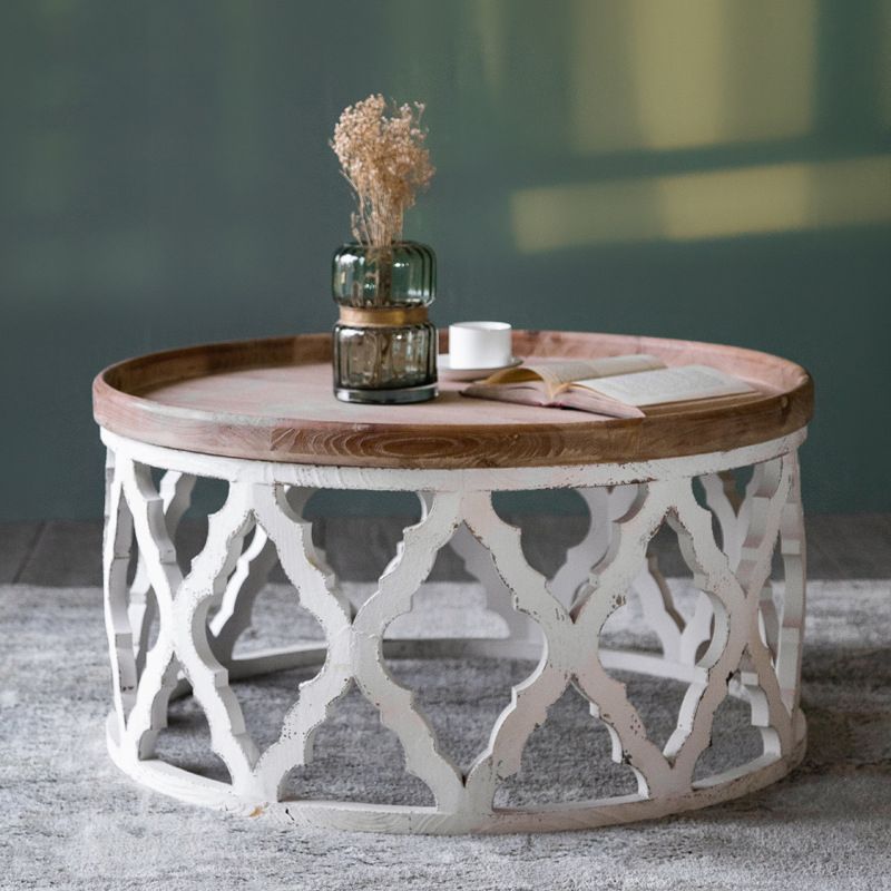 Rustic Drum Side Table Solid Wood Sofa Side Accent Table in Distressed White