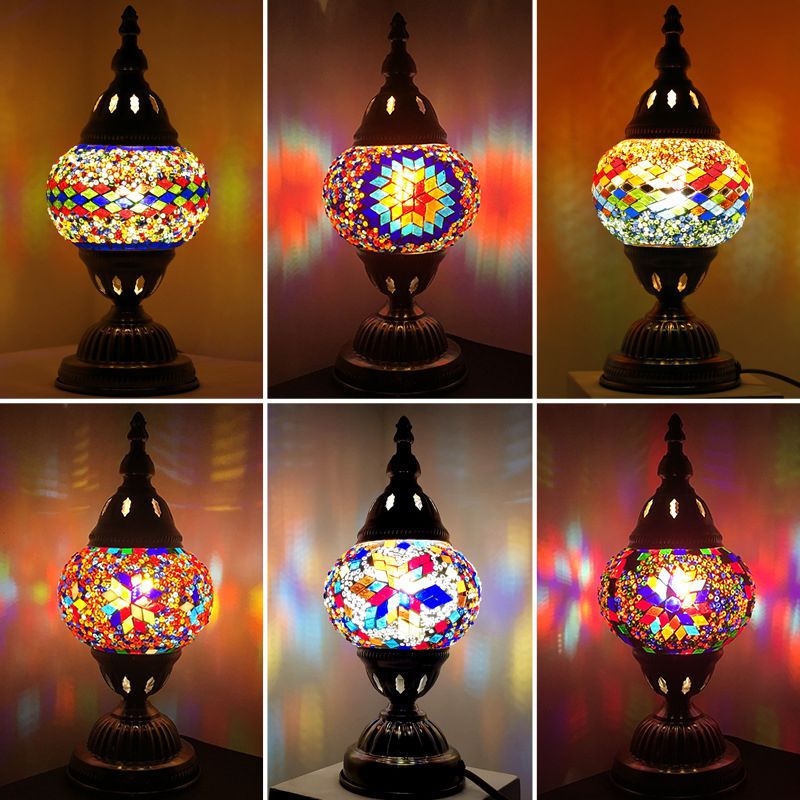 Lampada da tavolo con paralume in vetro stile asiatico, lampada da tavolo a mosaico turco