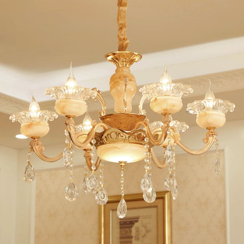 Floral Living Room Ceiling Pendant Rustic Jade Gold Chandelier Lighting Fixture with Crystal Draping