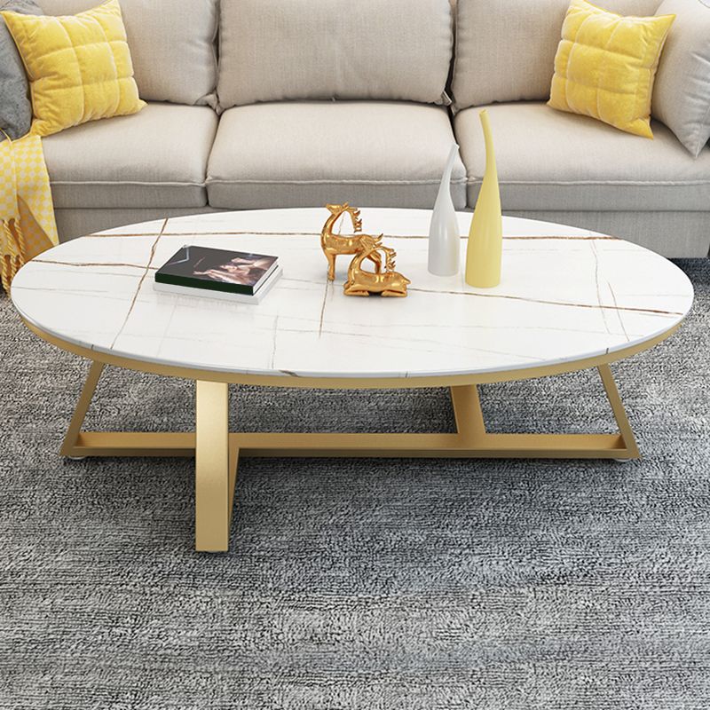 Glam Oval Slate Coffee Table 17.7"H Iron Cross Legs Cocktail Table