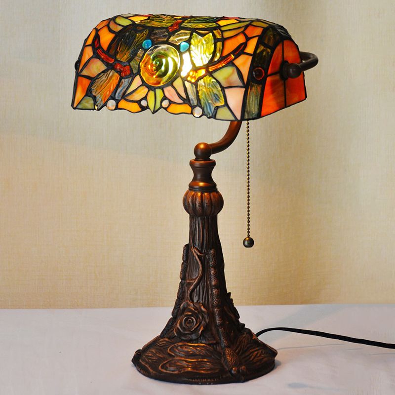Dragonfly and Flower Cut Glass Banker Lighting Tiffany Style 1-Light Yellow Pull Chain Nightstand Lamp