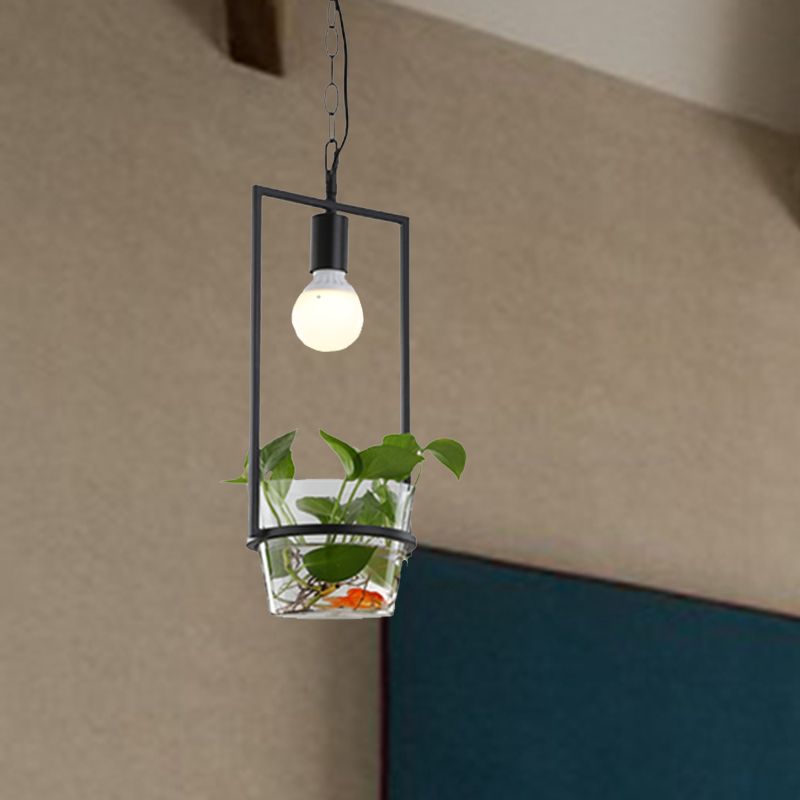 8"/15" W Rectangle Restaurant Drop Lamp Industrial Metal 1 Head Black LED Hanging Light Fixture