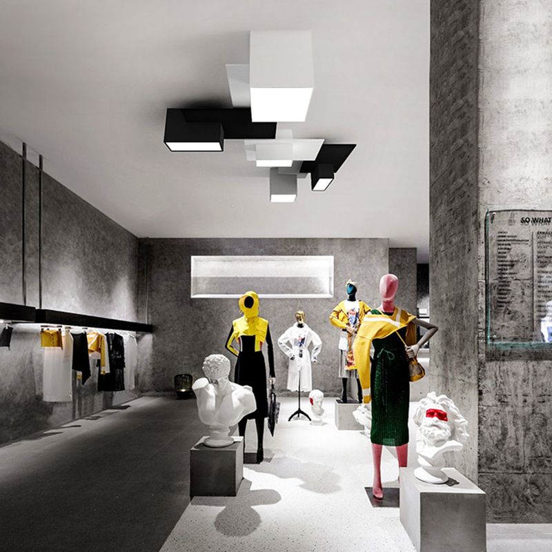 Plafonnier LED noir et blanc en fer de simplicité moderne, plafonnier géométrique avec abat-jour en acrylique