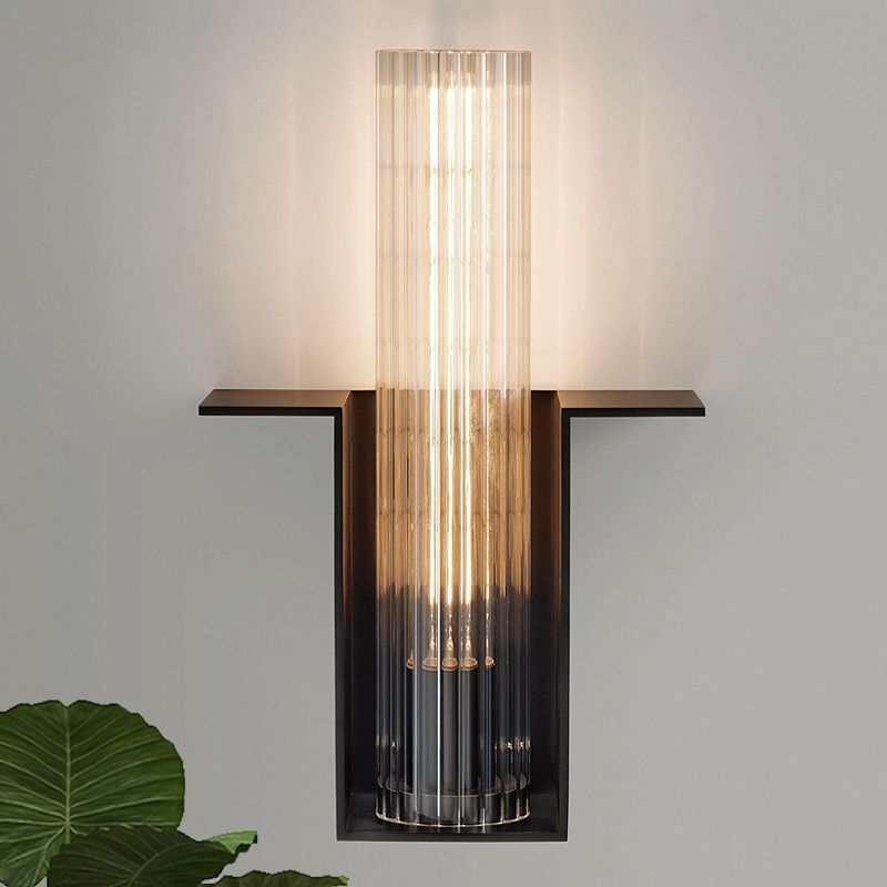 Single Translucent Glass Wall Light Kit Vintage Black Tube Bedroom Sconce Lighting Fixture with Slot Arm