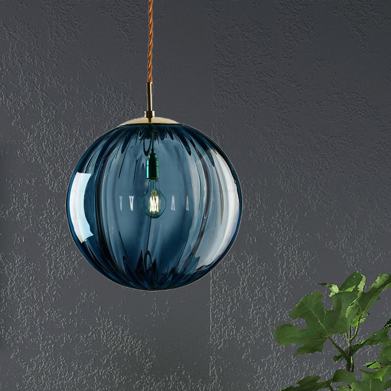 Sphere Pendant Lighting Modern Blue/Purple/Smoky Ribbed Glass 1 Light Led Hanging Ceiling Lamp for Bedroom